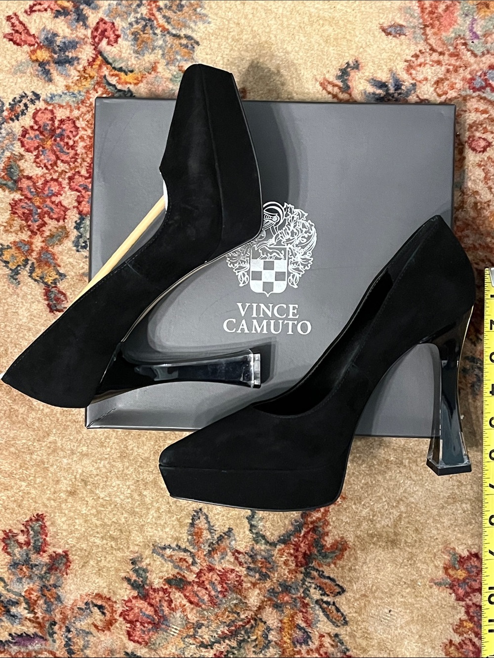 Vince Camuto Black Suede Pointed Platform Pumps with Clear Block Heel